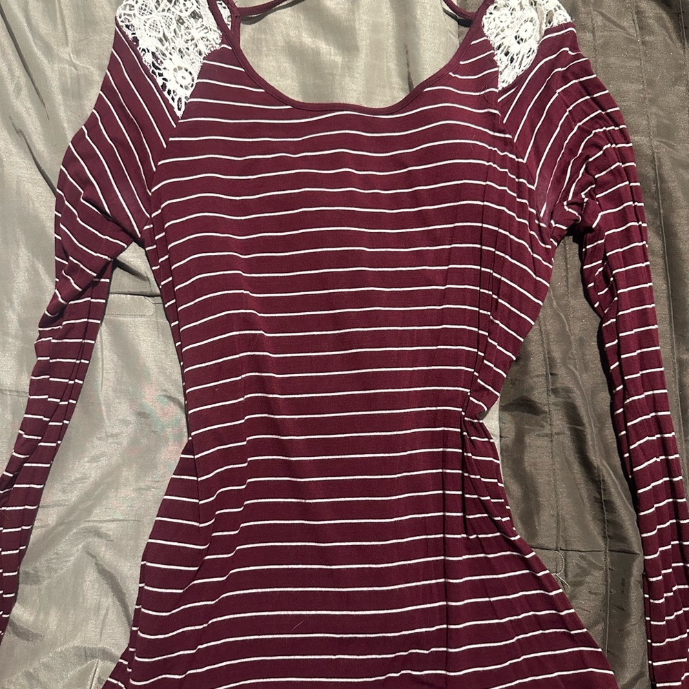 Pink Rose Burgundy Striped Top with Lace